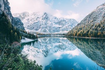 Great alpine lake Braies (Pragser Wildsee). Location place Dolomiti, national park Fanes-Sennes-Braies, South Tyrol, Italy.