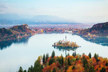 Foto op Aluminium Aerial view of the island on alpine lake Bled. Location place Julian Alps, Slovenia, Europe. © Leonid Tit