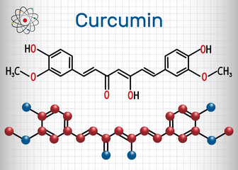 Curcumin molecule. Sheet of paper in a cage. Structural chemical formula