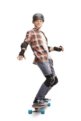 Foto op Plexiglas Teenage boy wearing protective equipment riding a skateboard © Ljupco Smokovski
