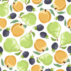 Peach, pear, blackberries seamless pattern. Vector illustration.