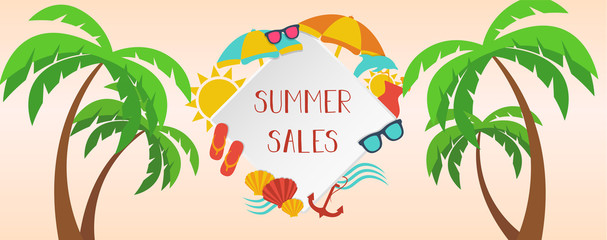 Banner saldi estivi con palme e icone spiaggia