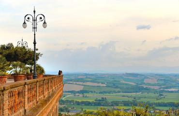 Panoramic view from city terrace on beautiful landscape with green hills around Osimo, Marche Italy