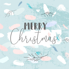 Artistic Hand Drawn unusual Christmas design with abstract hand painted brush strokes and doodle floral conifer branch sketches. Pastel colored background. Merry Christmas and New Year concept