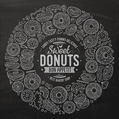 Set of Donuts cartoon doodle objects, symbols and items