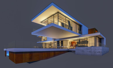 3d rendering of modern house at night isolated on gray.