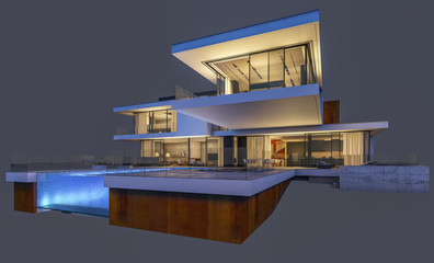 Fototapeta na wymiar 3d rendering of modern house at night isolated on gray.