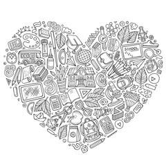 Obraz premium Line art vector hand drawn set of School cartoon doodle objects