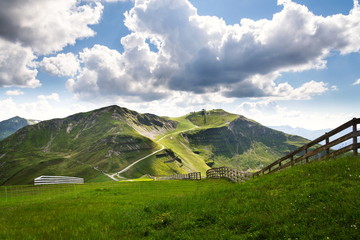 Bikers trail to Schattberg-Ost mountain cable car station, Saalbach-Hinterglemm, Alps, Austria