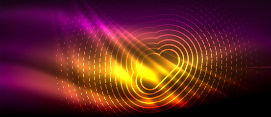 Neon glowing wave, magic energy and light motion background. Wallpaper template, hi-tech future concept