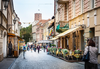 VILNIUS, LITHUANIA - September 2, 2017: Street view of downtown in Vilnius city, Lithuanian - obrazy, fototapety, plakaty