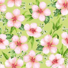 Seamless pattern with blossoming apple tree flowers on green background. Elegance vintage endless texture in watercolor style .