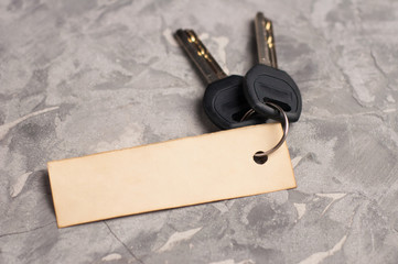 Two shiny metal keys with black plastic handle attached to blank rectangle paper on old gray dirty cement floor. Estate concept