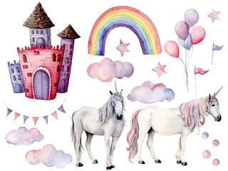 Watercolor set with unicorns and fairy tale decor. Hand painted magic horses, castle, rainbow, clouds, stars and air ballons isolated on white background. Cute wallpaper for design or background.