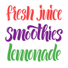 Soft drinks menu letterings: fresh juice, smoothies, lemonade.