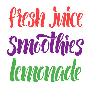 Soft drinks menu letterings: fresh juice, smoothies, lemonade.