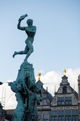 Fototapeta premium Close-up view of the statue of Silvius Brabo on the main square of Antwerp.