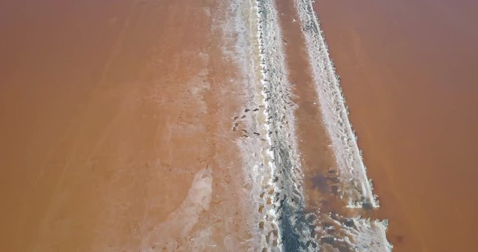 View from the top of the relief of the Pink Salt Lake Sivash production and salt and therapeutic mud.Ukraine Kherson region