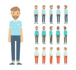 Front, side, back view animated character, separate parts of body. Young guy constructor with various views, hairstyles. Cartoon style, flat vector illustration.