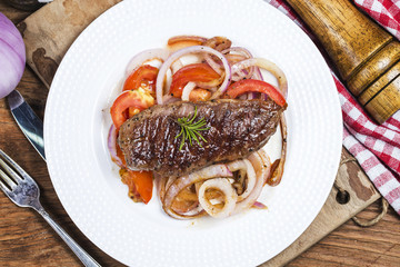 Fried steak, Tomato, onion