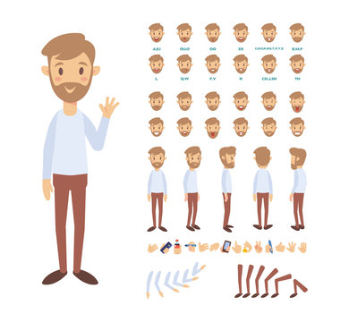 Front, side, back view animated character,separate parts of body. Young man constructor with various views, hairstyles, poses and gestures. Cartoon style, flat vector illustration.