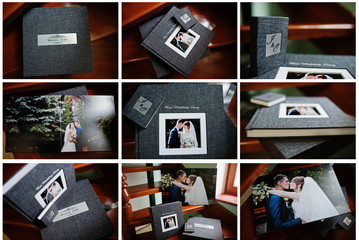 Elegant grey photo book or photo album and flash drive case on wooden stairs.