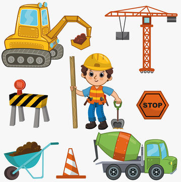 Vector illustration of a construction set. Set includes cute little boy, tools, construction transports and road sign. Vector little builder. 