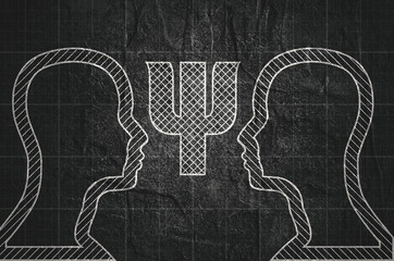 Silhouettes of a human heads. Mental health relative brochure, report design template. Scientific medical designs. Psi symbol in the head. . Mechanical engineering drawing background.