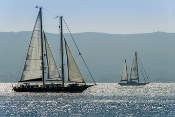 Fototapeta premium Kalymnos Island, Greece; 23 October 2010: Bodrum Cup Races, Gulet Wooden Sailboats