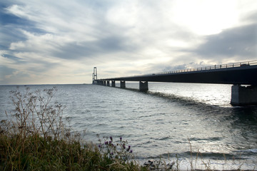 Fototapeta na wymiar The great belt bridge, Storebelt in Denmark, connecting Zealand with Funen