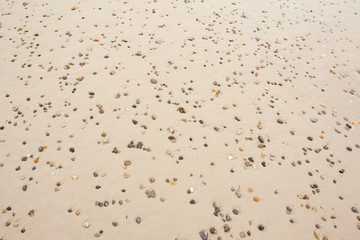 Top view of colorful stones on sand at the beach.