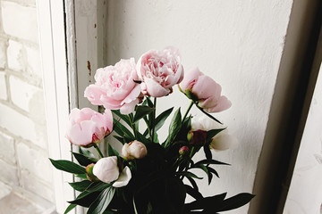 lovely peony pink and white flowers on background of window light, sweet home