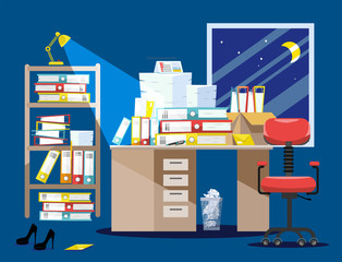 Nitht Period of accountants and financier reports submission. Pile of paper documents and file folders in cardboard boxes on office table. Flat vector illustration windows, chair and waste-basket