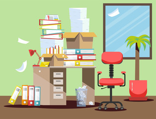 Period of accountants and financier reports submission. Pile of paper documents and file folders in cardboard boxes on office table. Flat vector illustration windows, chair and waste-basket