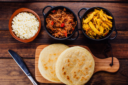 Arepas and its ingredients seen from above