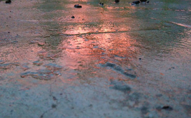 Sunset on rainy pavement
