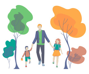 Father, son and daughter go together. Parent taking children to school. Back to school. Concept of friendly family. Vector illustration