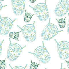 Seamless pattern with moscow mule cocktail hand drawn ink illustration on white background