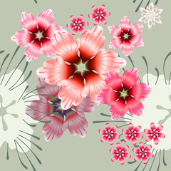 Floral decorative colorful pattern pink fantasy flowers pastel background light green tones for textile design, wallpaper