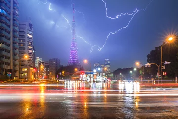 Papier Peint photo Orage Thunderstorm on the busy street of Tokyo at night, Japan