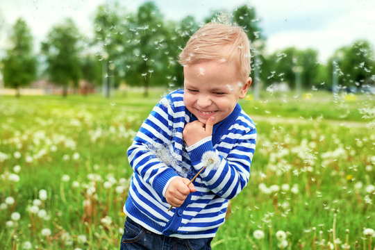 Happy smile kid standing in green grass dandelions. Emotion face caucasian child enjoyment summer. Portrait little boy in park outdoors. Joyful childhood. Dandelion seeds flying, green background