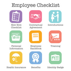 New Employee Hiring Process icon set   w checklist, handshake, training, etc