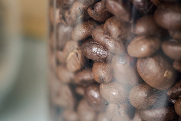 Fresh Coffee seed in jar and light reflect, marco closeup