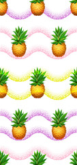 Seamless PINEAPPLE pattern. Realistic cartoon pineapples on hand drawn brush background