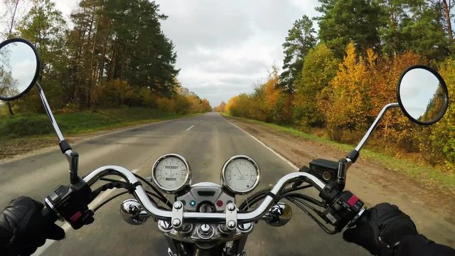 4K. Motorcycle riding on the golden forested road, wide point of view of rider. Classic cruiser/chopper forever! 