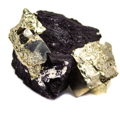 Natural pyrite natural cube cut on a white background