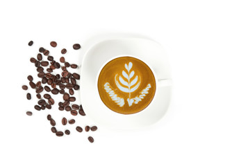 A cup of tulip latte art coffee on white background