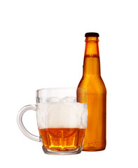 bottle of beer with a beer mug on a white background