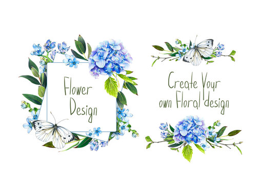 Set with illustration of  blue hydrangea, butterfly and other flowers. Frame and small bouquets for decoration, for your design. Markers' and watercolor's art.