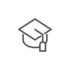 Graduation cap thin line icon. Students hat outline pictograph. Symbol of education, higher school, Academy, University. Knowledge and success concept graphic logo. Vector illustration isolated